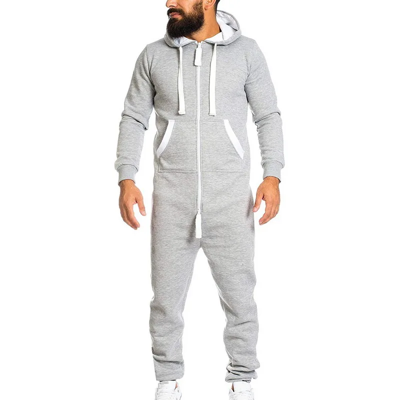 MoneRffi, мужской однотонный комбинезон с капюшоном, 3XL, мужская повседневная теплая спортивная одежда с подкладкой, пушистый комбинезон для сна, Пижама для взрослых - Цвет: light gray 2