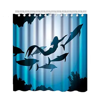 

Art Nouveau Blue Mermaid and Dolphins Shower Curtain Shower Curtain Elefant Bathroom 3D