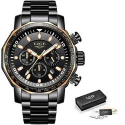LIGE Топ люксовый бренд Мужские кварцевые часы бизнес большой циферблат Sprot Полный Черный Мужские наручные часы Мужские часы Relogio Masculino
