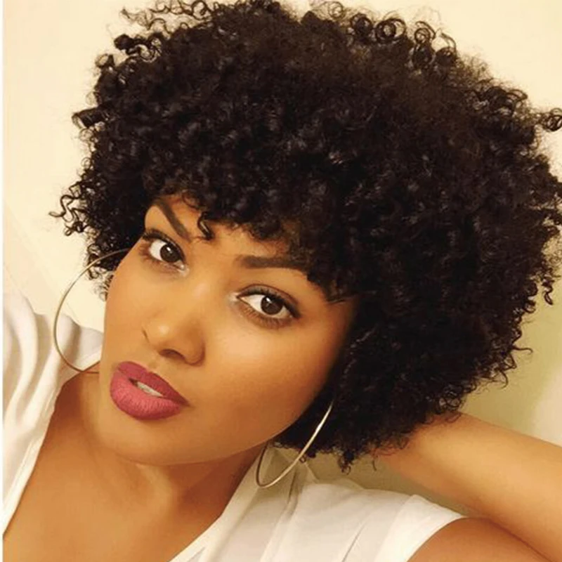 Short Kinky Curly Full Lace Human Hair Wig For Black Woman Indian Afro 