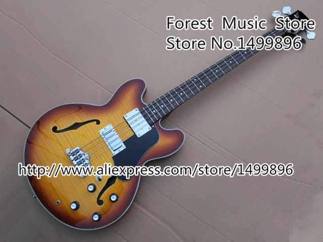 Best price at $314 Cheap Chinese Music Instrument Vintage Sunburst Flame ES Custom Hollow Body Electric Bass Guitar 4 String Free Shipping