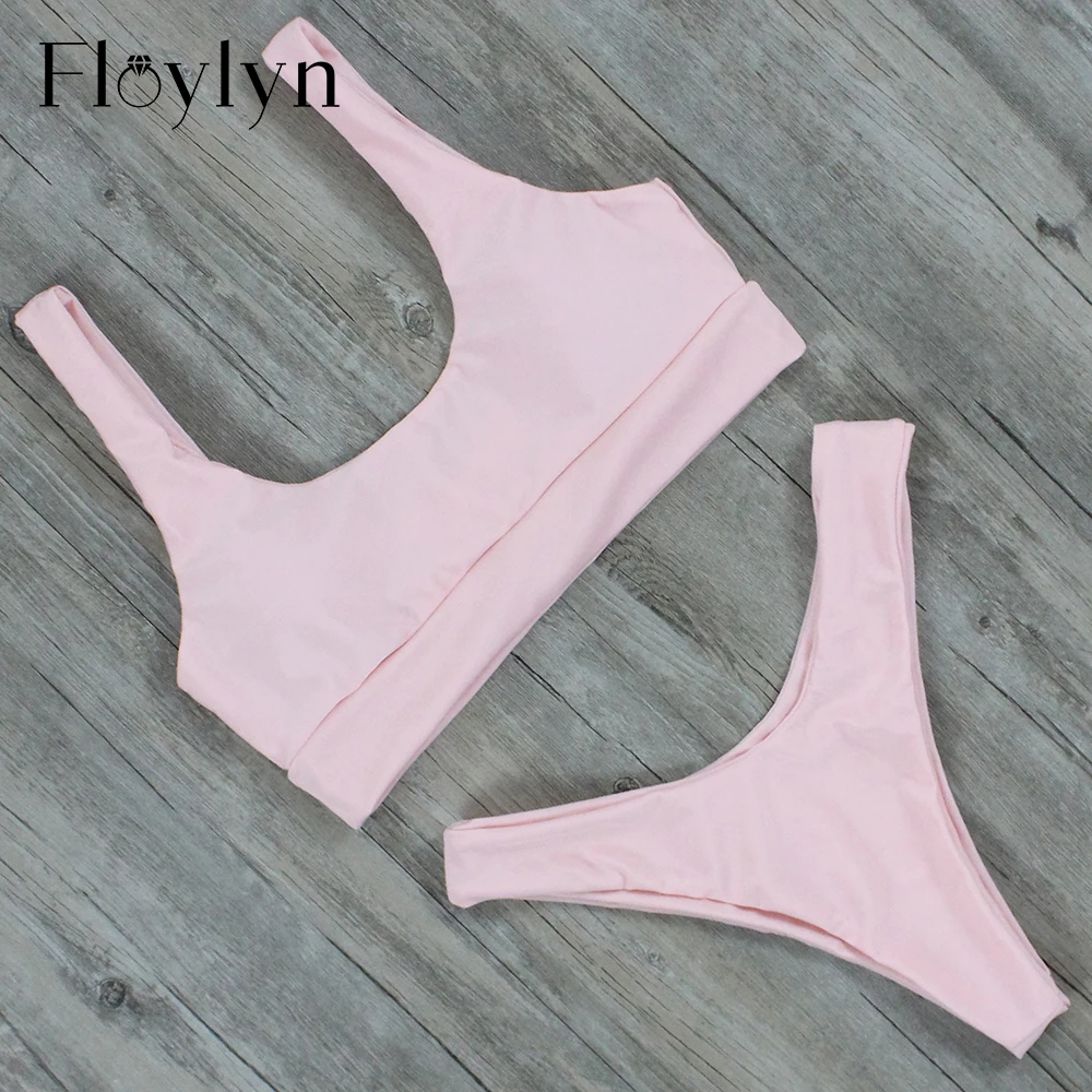 

Floylyn New 2018 Simple Design Solid Color Swimwear High Cut Brazilian Swimwear Women Bikini Push Up