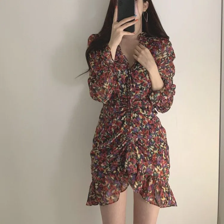 

Women Chiffon Floral Print Empire Mini Dress Elegant Bohemian Ruffle Bodycon Dress Ruffles Vestido Summer Dress