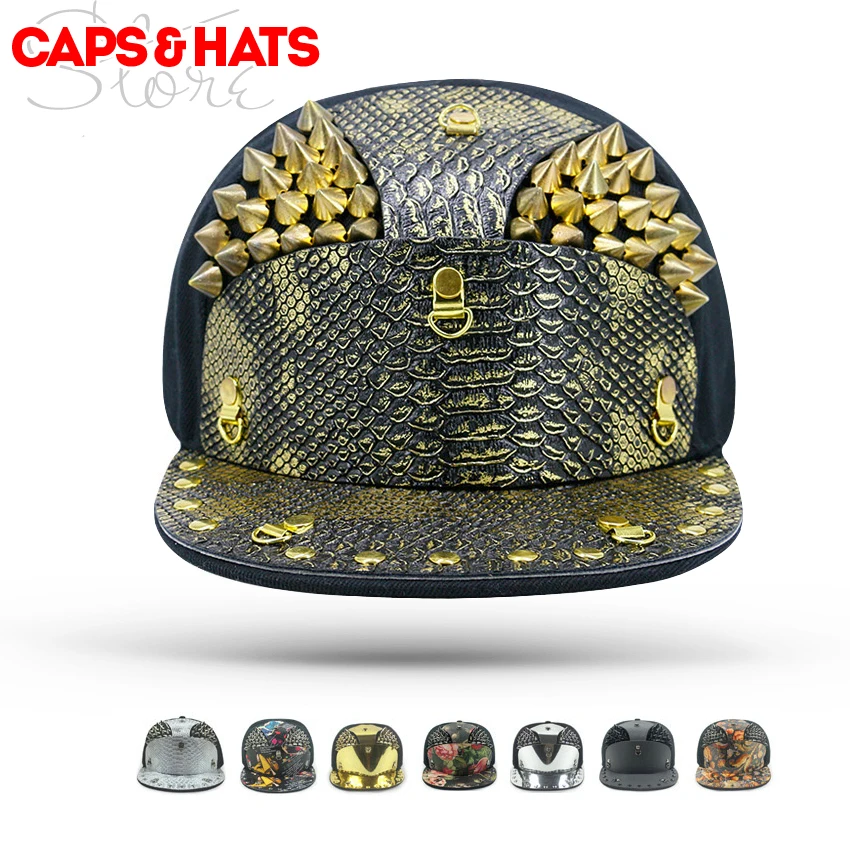 2018 moda Punk Rock de piel de serpiente Gorra de béisbol de cuero remache Metal suave de la PU del casquillo del Snapback Hip Hop monopatín sombreros Gorra de Baseball sombrero