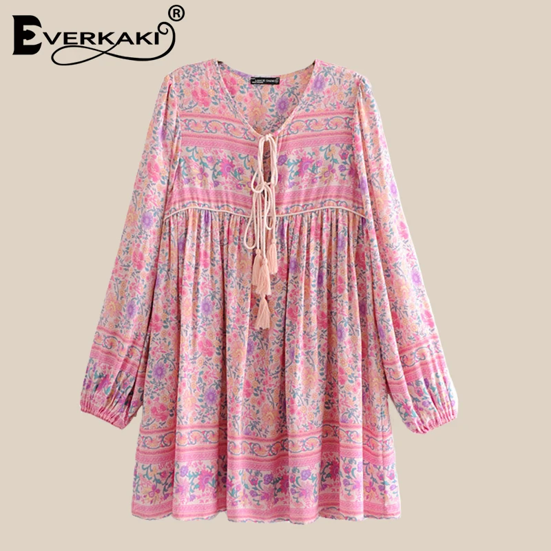 Платье Everkaki богемное хлопковое розовое Плиссированное женское платье с