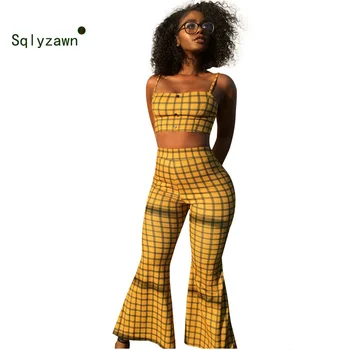 

Yellow Plaid Outfits 2 Piece Set 2019 Summer Women High Waist Flare Long Pants Set Crop Top + Wide Leg Pants Women Clothing Set