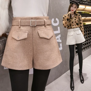 

Autumn Fashion Black Woolen Shorts for Women Winter Classic Basic Casual Wide Leg Shorts Femme Loose Zipper Woolen Shorts