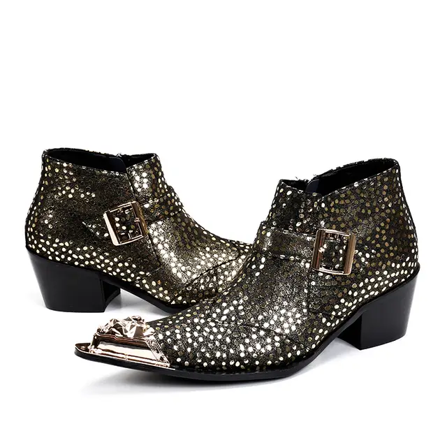 Fashion Mens Dress Boots Leather Winter Men Ankle Boots Gold Polka