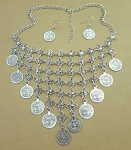 Gypsy Bohemian Chic Coin Fringe Bib Statement Necklace Earring Set Ethnic Turkish India Fringe Bib Coin Jewelry Set Lot 6 Sets stylish coin fringe metal choker necklace