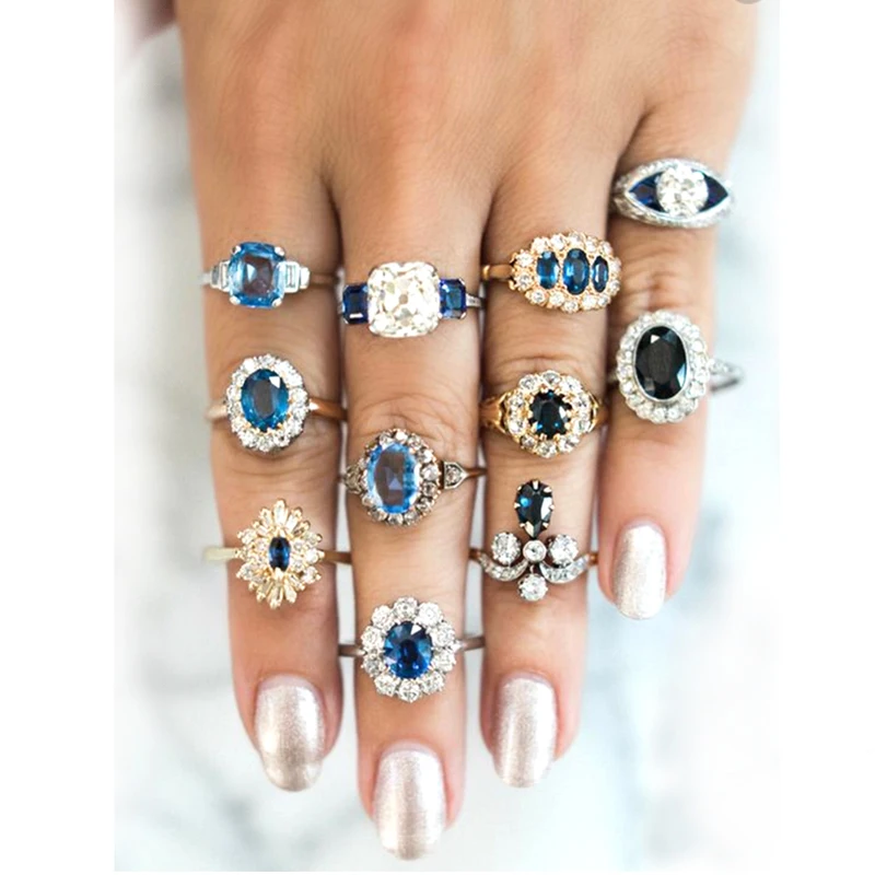 

11 Pcs/set Delicate Luxury Women Blue Crystal Geometry Round Water Drops Irregular Flower Ring Set Charm Party Wedding Jewelry