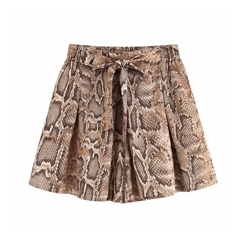 

Women style snake pattern shorts bow tie sashes elastic high waist pockets animal pattern chic shorts pantalones cortos