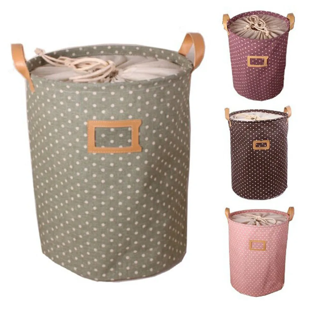 

High Quality ! 3 Sizes S /M/ L Zakka Handle Stackable Dots Linen / canvas Storage Buckets Laundry Bags Pink/ Brown/ Green/Purple