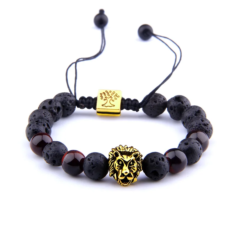

Vinswet Gold &Sliver Lion bracelet Men Natural Volcanic Lava Stone Red Tiger Eye Beads Bracelet Male Couple Adjustable Jewelry