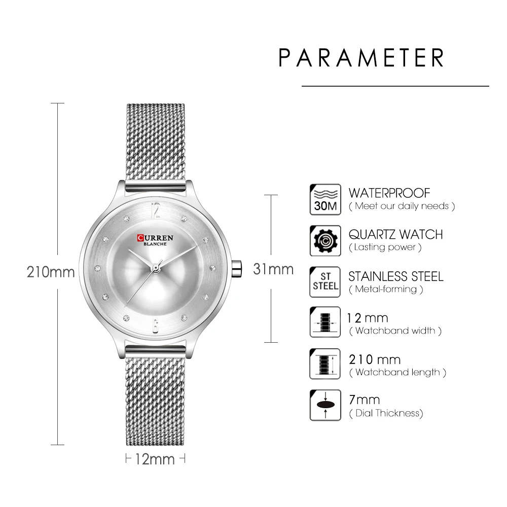 CURREN изысканные простые женские часы, серебряные аналоговые кварцевые часы из нержавеющей стали, женские роскошные часы от ведущего бренда Relogio Feminino