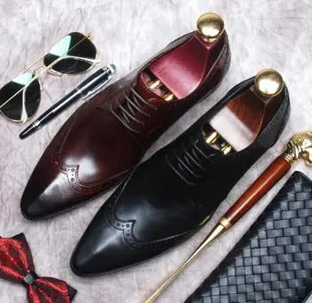 

Autumn men's pointed toe shoes men's formal business Brogue carved leather shoes leather married lace-up men's shoes