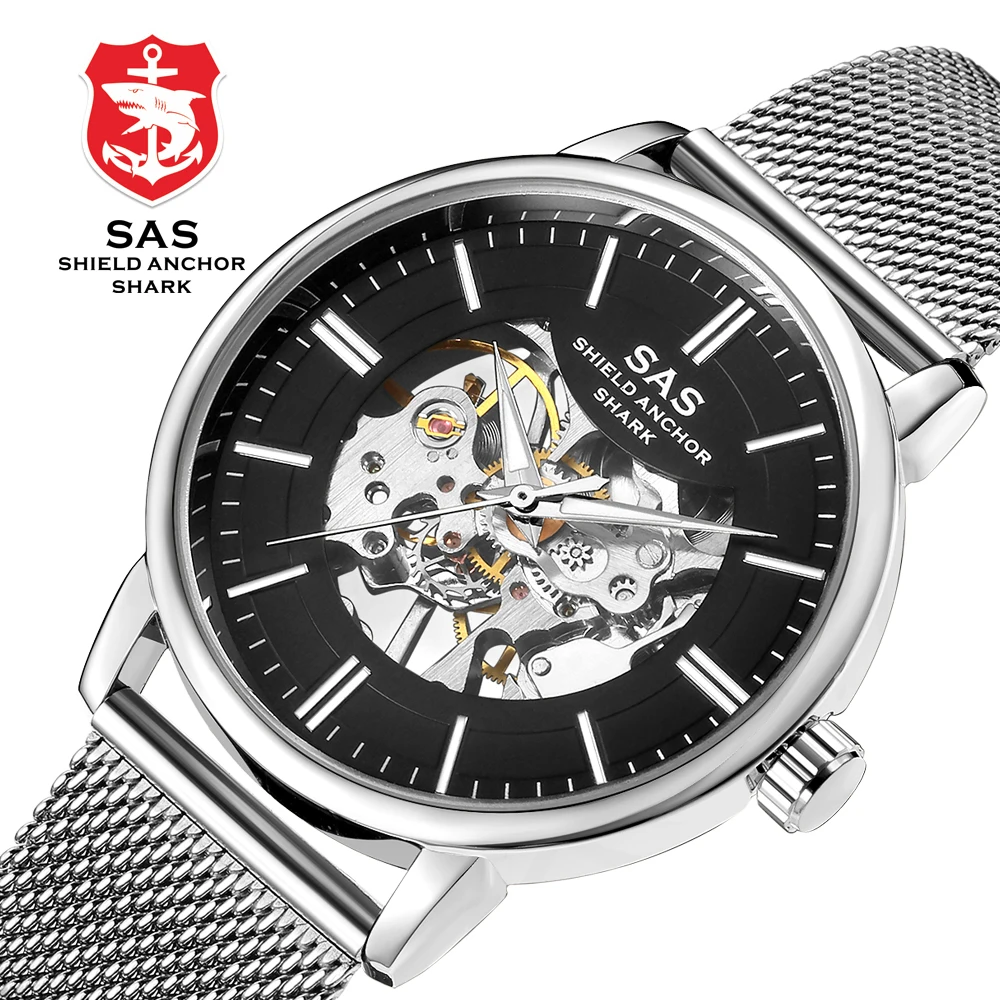

SAS Shield Anchor Shark Luxury Fashion Engraving Hollow Transparent Case Men's Business Mechanical Watches Steampunk Style White
