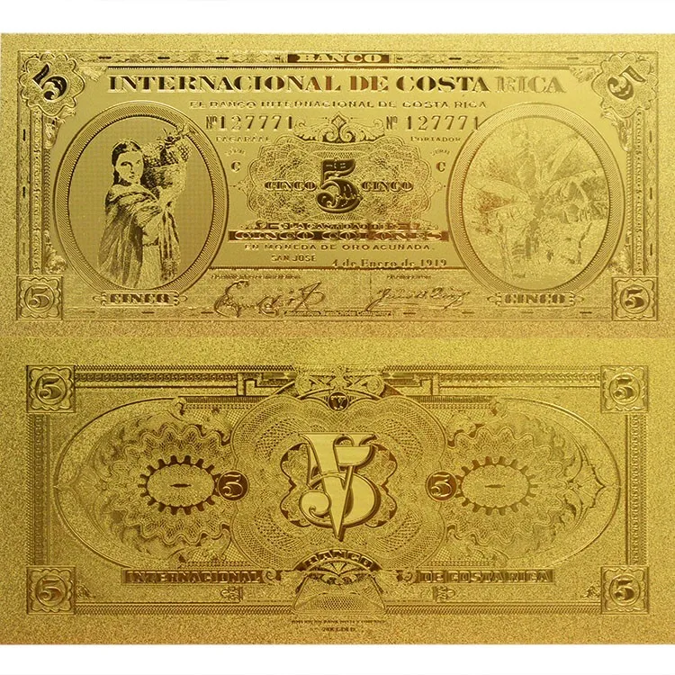 Золотая фольга КостаРика 5 Золотая банкнота для украшения дома и офиса