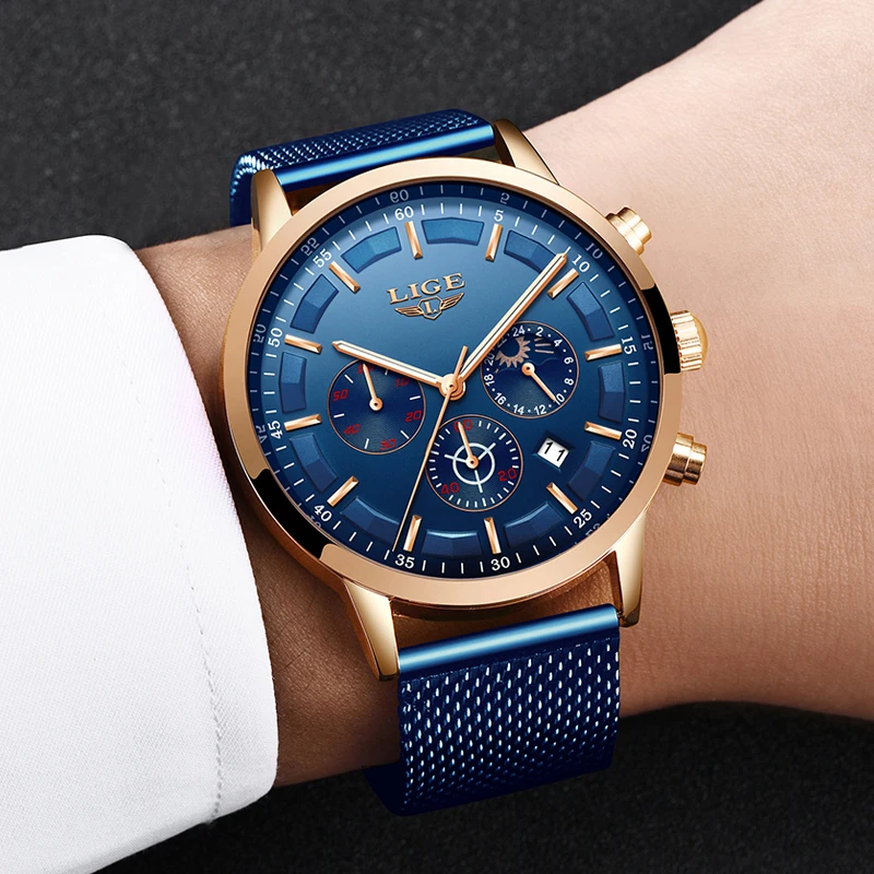 Relogio Masculino LIGE Роскошные Кварцевые часы для мужчин синий циферблат часы спортивные часы Moon Phase хронограф сетчатый ремень наручные часы