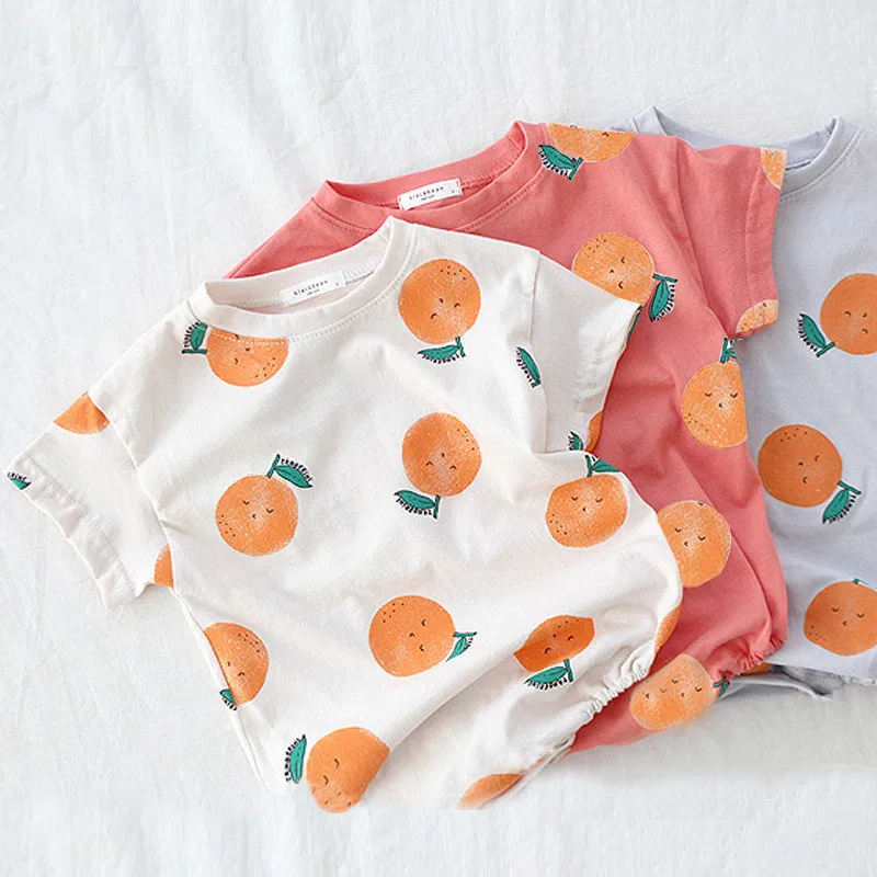 

EnkeliBB Korean Baby Summer Rompers Lovely Orange Print One-piece Clothes Toddler Girls Fruit Print Romper Short Sleeve Onesie