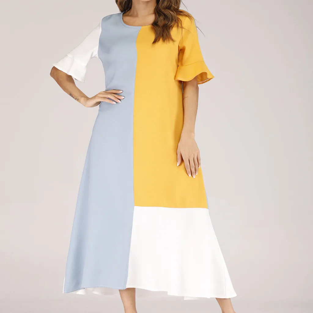 

Sumemr Fashion Women O-neck Half Sleeve Trumpet Sleeves Polyester Patchwork Loose Casual Dress
