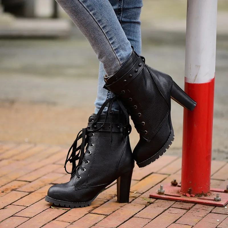 ANNYMOLI/зимняя женская обувь; женские ботинки; ботильоны на шнуровке с квадратным каблуком; полусапожки на очень высоком каблуке с пряжкой; женская обувь; большой размер 43