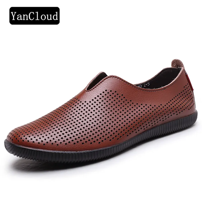 Genuine Leather Shoes Men Summer Flats 2018 Slip on Business Leather Sandals Man Casual Driving Moccasins Beach Footwear