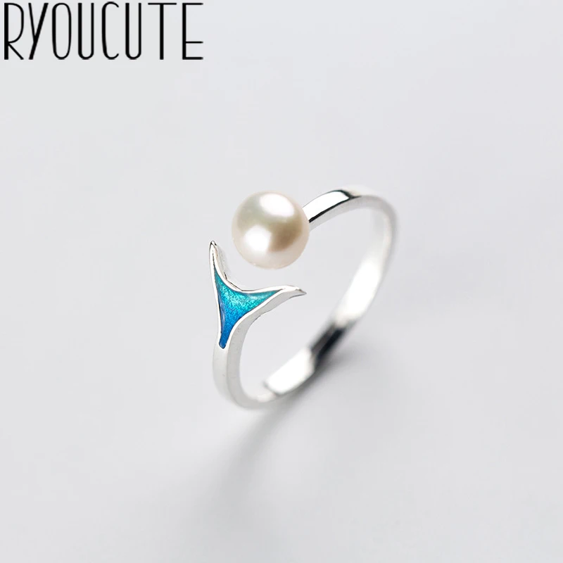 

RYOUCUTE Real 925 Sterling Silver Exaggerated Personality Simulated Pearl Mermaid Tail Rings for Women Adjustable Finger Ring