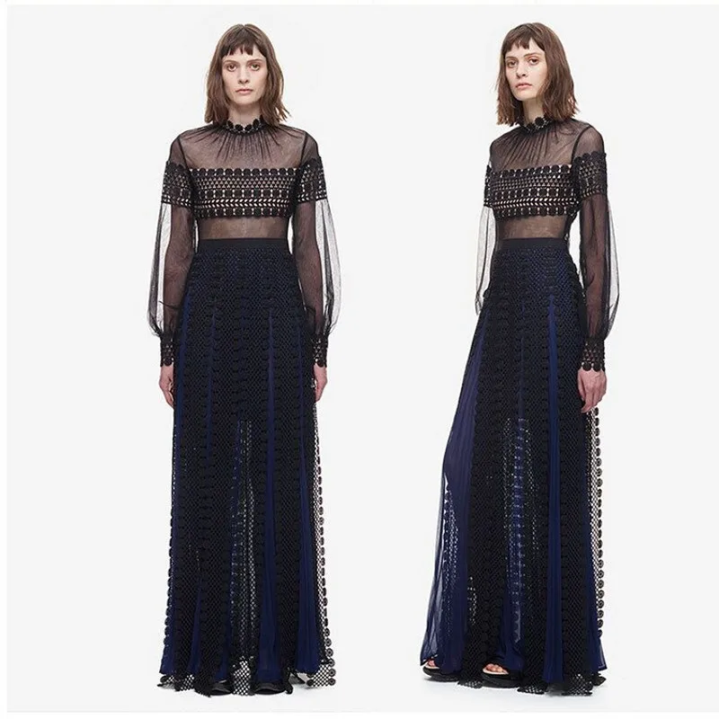 

2019 Runway Self Portrait Women Dresses Lace Patchwork Flower Tassel Long Sleeve Stand Collar Split Party Long Dress Vestidos