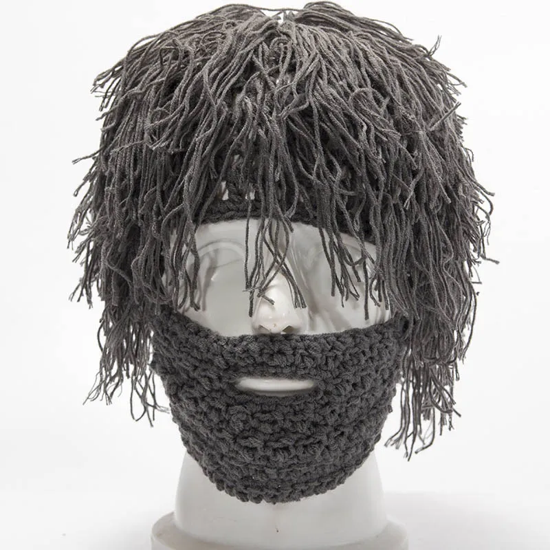 Handmade Knit Wig Beard Beanie Cap Caveman Winter Warm