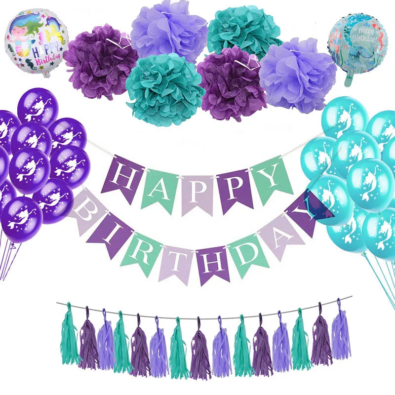 

Mermaid Theme Party Decoration Paper Banner Garland Balloons Happy Birthday Purple Mermaid Banner Girls' Ocean Birthday Party
