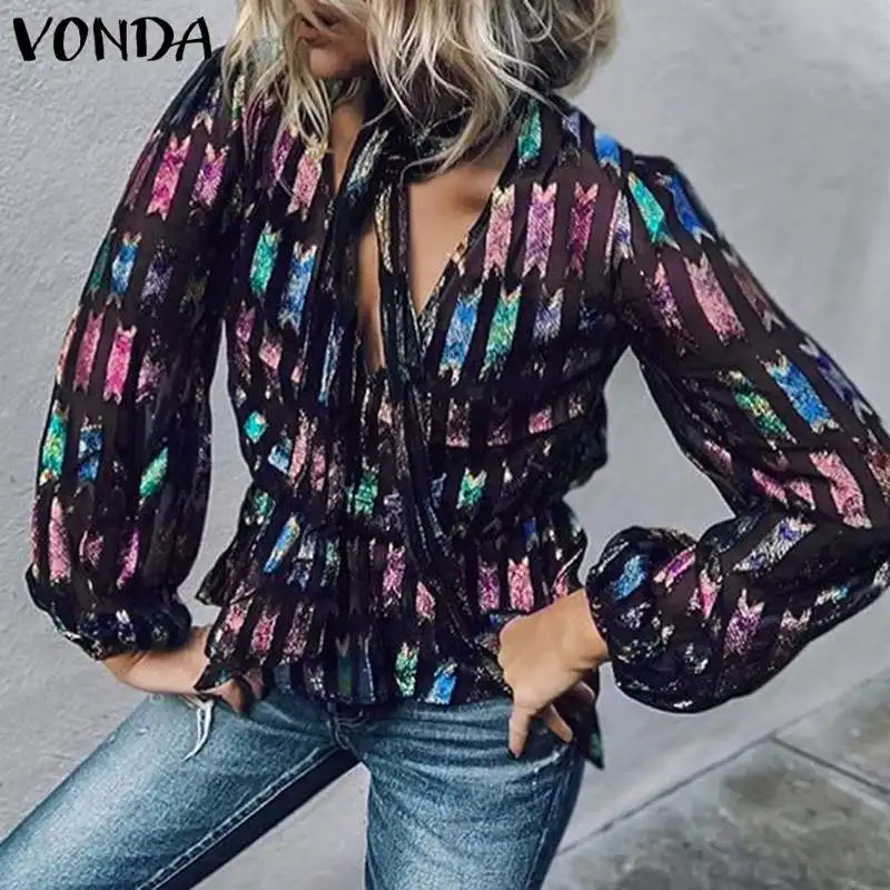 Блузка женская с принтом рубашки VONDA 2019 осень винтажная Сексуальная V шеи длинный рукав блузки OL рубашка вечерние топы Femme туника плюс размер