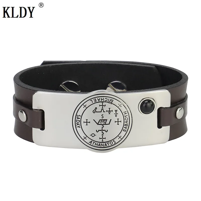 black leather KLDY модный браслет Wicca из натуральной кожи Готический браслет с узором ангела Рафаэль енохианский амулет Ангел Шарм для мужчин настраиваемый - Окраска металла: black leather