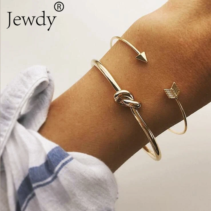 

2 PCS/SET Vintage Cuff Bangle Gold Color Bowknot Arrow Feather Open Bracelet Women Party Wedding Bohemian Bijoux Jewelry 2019