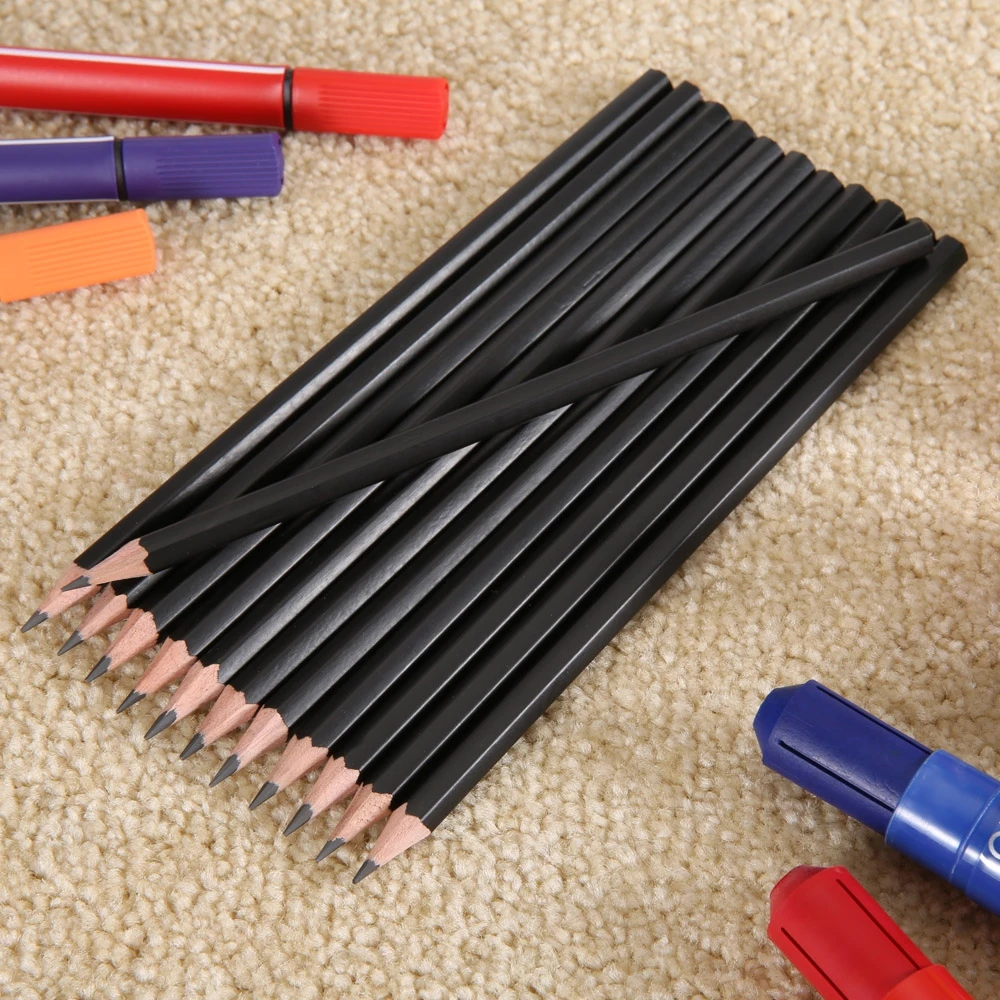 12pcs Black Hexagonal Wooden Pencil Top-quality Graphite HB 2B 2H Pencil For School Office Supplies