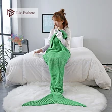 Liv-Esthete Green Mermaid Tail Blanket Throw Blanket Sofa Bed Sleeping Bag Wrap Knitted Blanket For Adult Kids Best Gift knitted fishbone sofa wrap kids mermaid tail blanket