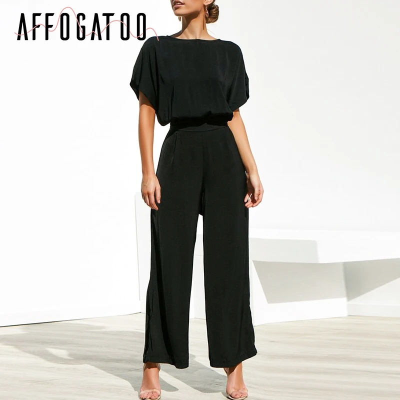 

Affogatoo Casual summer rompers plus size jumpsuit women Vintage elegant beach loose black jumpsuit Sexy office ladies overalls