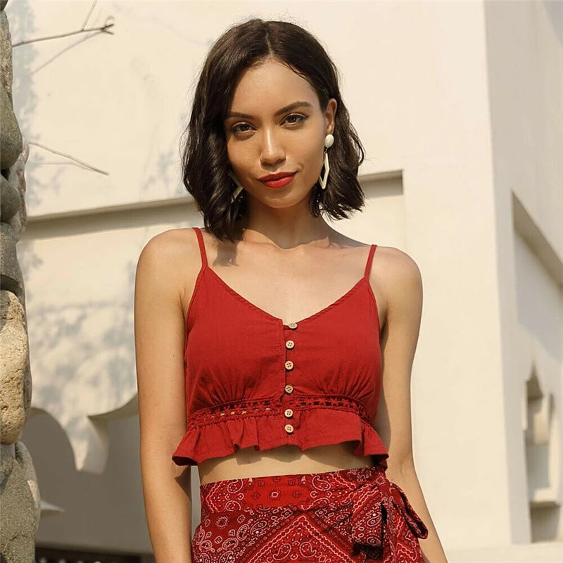 

2019 Sexy Women Summer Lace Crop Tops Button Style Ladies Fashion Tops T-shirt Ruffles V Neck Sleeveless Crop Top