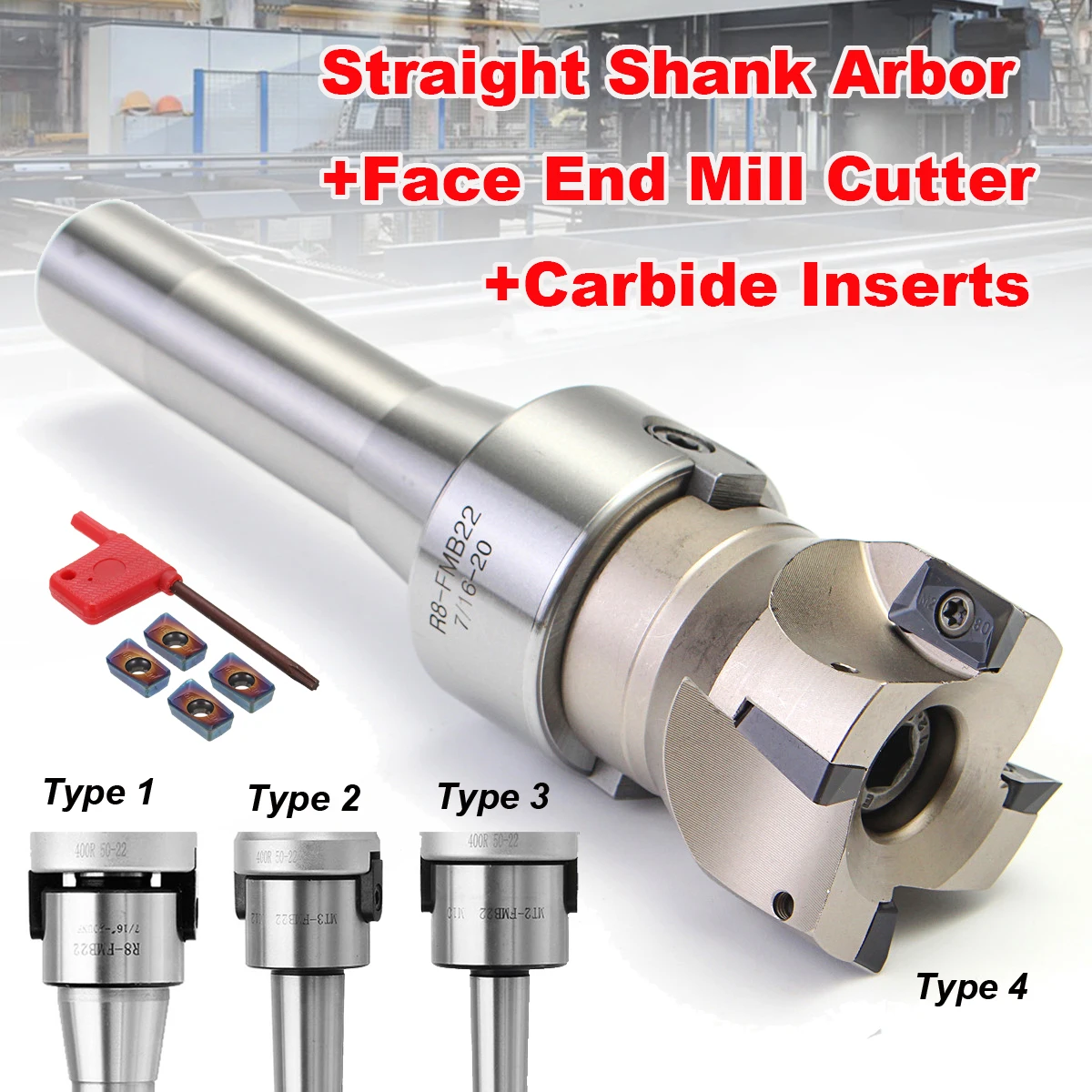 

90 Degree R8 FMB22/MT2/MT3 Straight Shank Arbor+Face End Mill Cutter+4pcs APMT1604 Carbide Inserts/Blue-Nano Insert Turning Tool