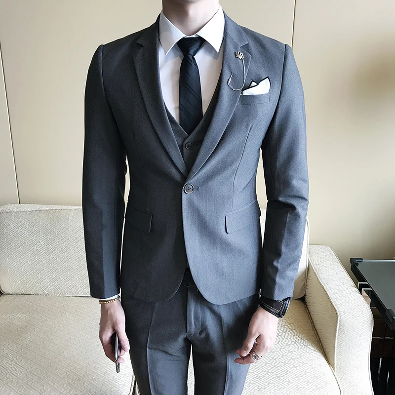 ( Jacket + Vests + Pants ) 2018 New Men's Gentleman England Solid Color Three-piece Business Wedding Dress Suits Men Formal Suit