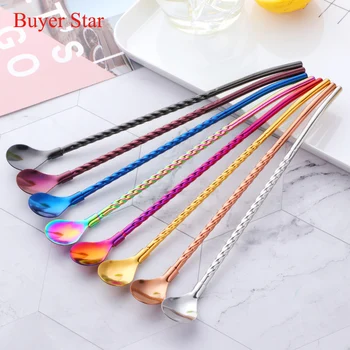 

8Pcs Stainless Steel Spiral Pattern Long Straw Spoon Reusable Drinking Straw Spoons Stirring Honey Bar Accessories Party Supply