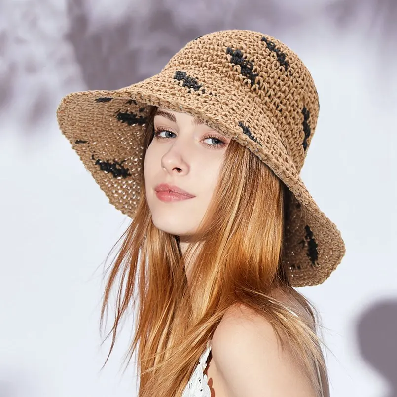 

GEMVIE Trendy Foldable Straw Hat For Women Summer Sun hat Paper Woven Hollow Out Dome Wide Brim Bucket hat Lady Print Beach Cap