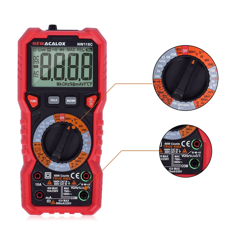 NEWACALOX NCV мультиметр портативный интеллектуальный Индикатор подсветка цифровой ЖК-дисплей AC/DC Напряжение Ток темп Транзистор тестер фонарик