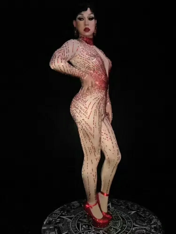 Sexy Usure Anniversaire Barboteuses Rouge Femmes Costume Bling Stade Dj Chanteur Jumpsuit Porter Femelle De Strass Célébrer Outfit Body Salopette r6rxS1qAw