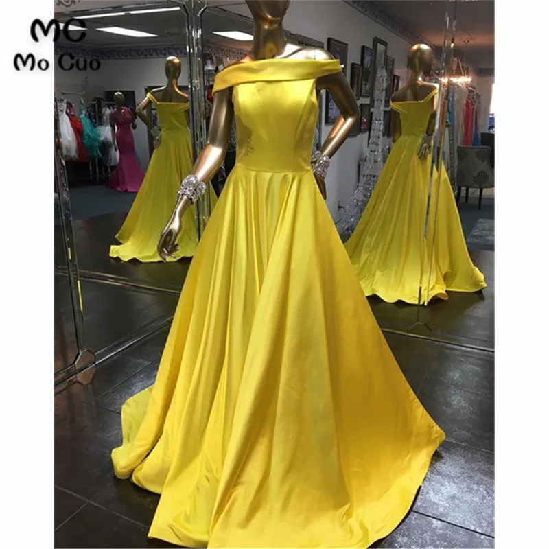 

2019 In Stock Yellow Evening Dress for Teens with Pockets Vestidos de fiesta Satin Off Shoulder Evening Prom Party Dress