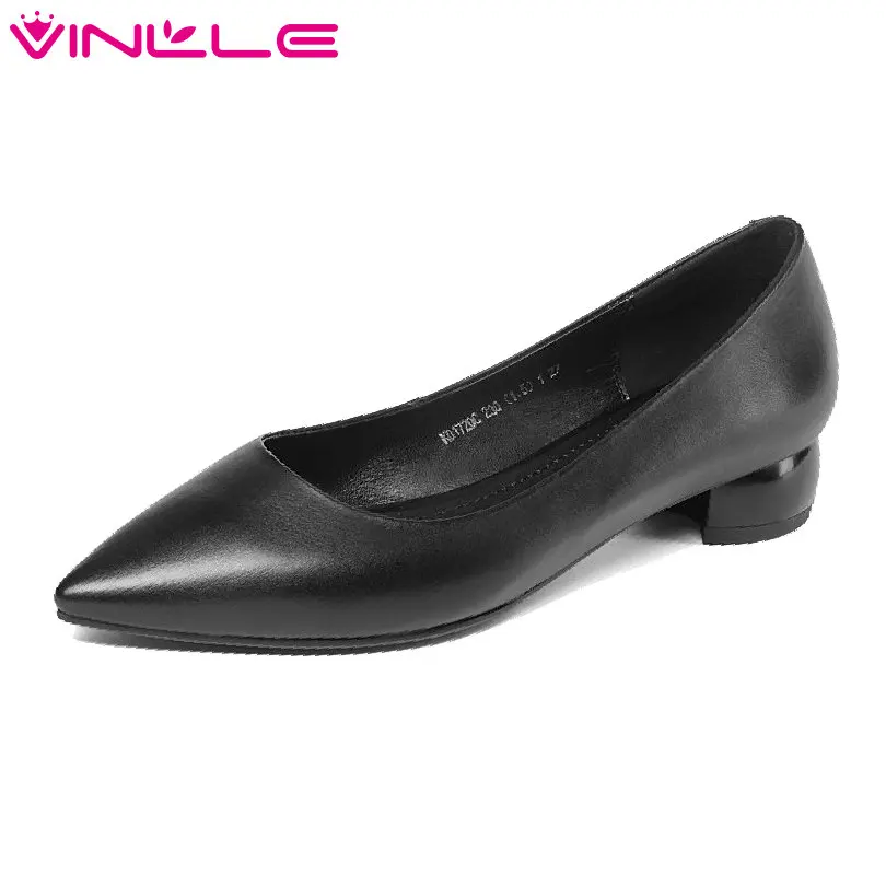 

VINLLE 2018 Summer Sexy Women Pumps Square/Thin Low Heel OL Work Pointed Toe Genuine leather Ladies Wedding Shoes Size 34-39