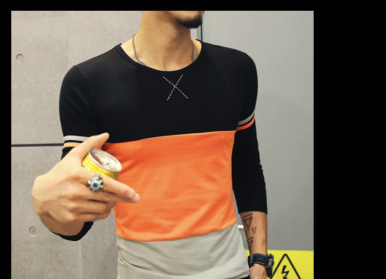 Новая модная брендовая мужская футболка Весенняя с круглым вырезом Лоскутная футболка с длинным рукавом для мужчин горячая распродажа размера плюс футболки M-5XL