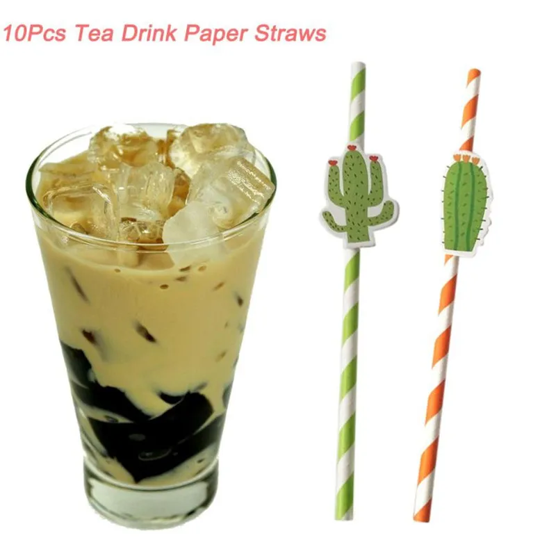 

10PCS Stripe Print Tea Drink Paper Straws with cactus Attach Decor Party Bar Cocktail drink Straws Disposable Birthday party