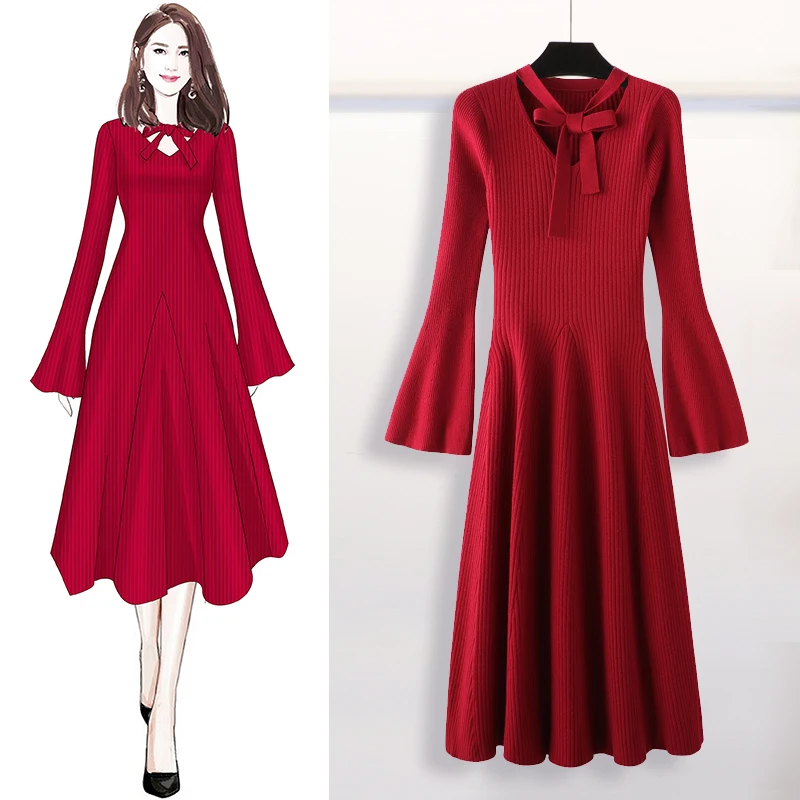 

Elegant Midi Sweater Dress Women 2019 V-neck Sash Bows Flare Sleeve A-line Knitted Dress Vintage OL Winter Dress Vestidos Mujer