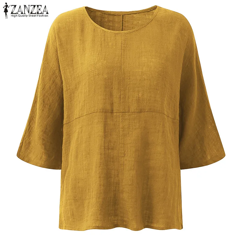 ZANZEA Летняя женская блузка с круглым вырезом и коротким рукавом, Повседневная Свободная однотонная Рабочая Рубашка из хлопка и льна, вечерние блузы размера плюс