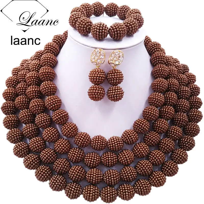 

Laanc Nigerian Wedding African Beads Jewelry Set Brown Simulated Pearl Beaded Necklace 4RDSZ008